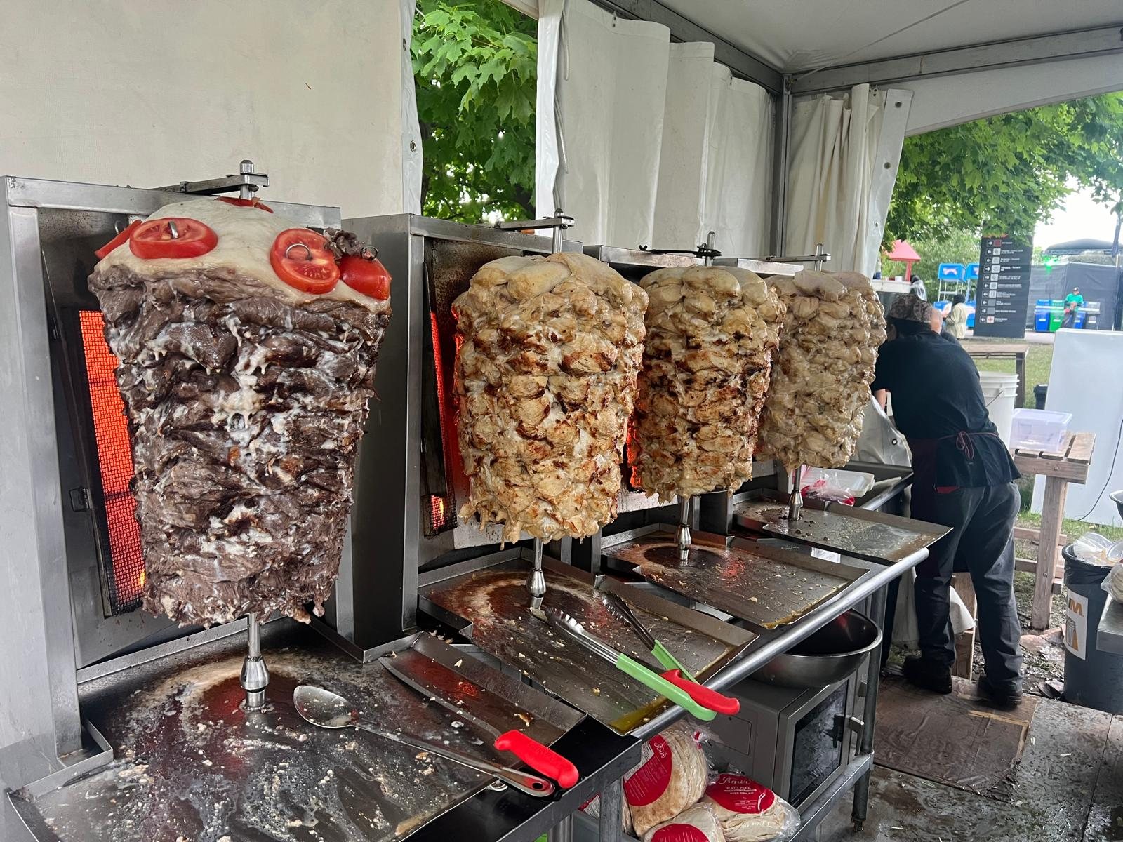 Multiple shawarma spits prepared for an Amir Express event